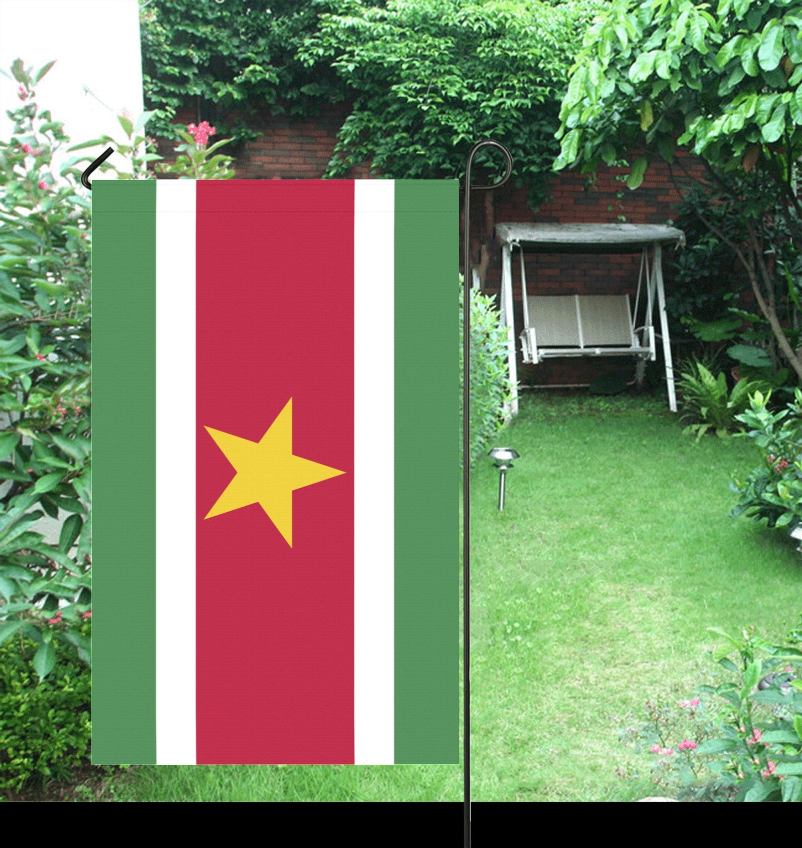 Garden scene with Luv My Flag, Suriname design displayed.