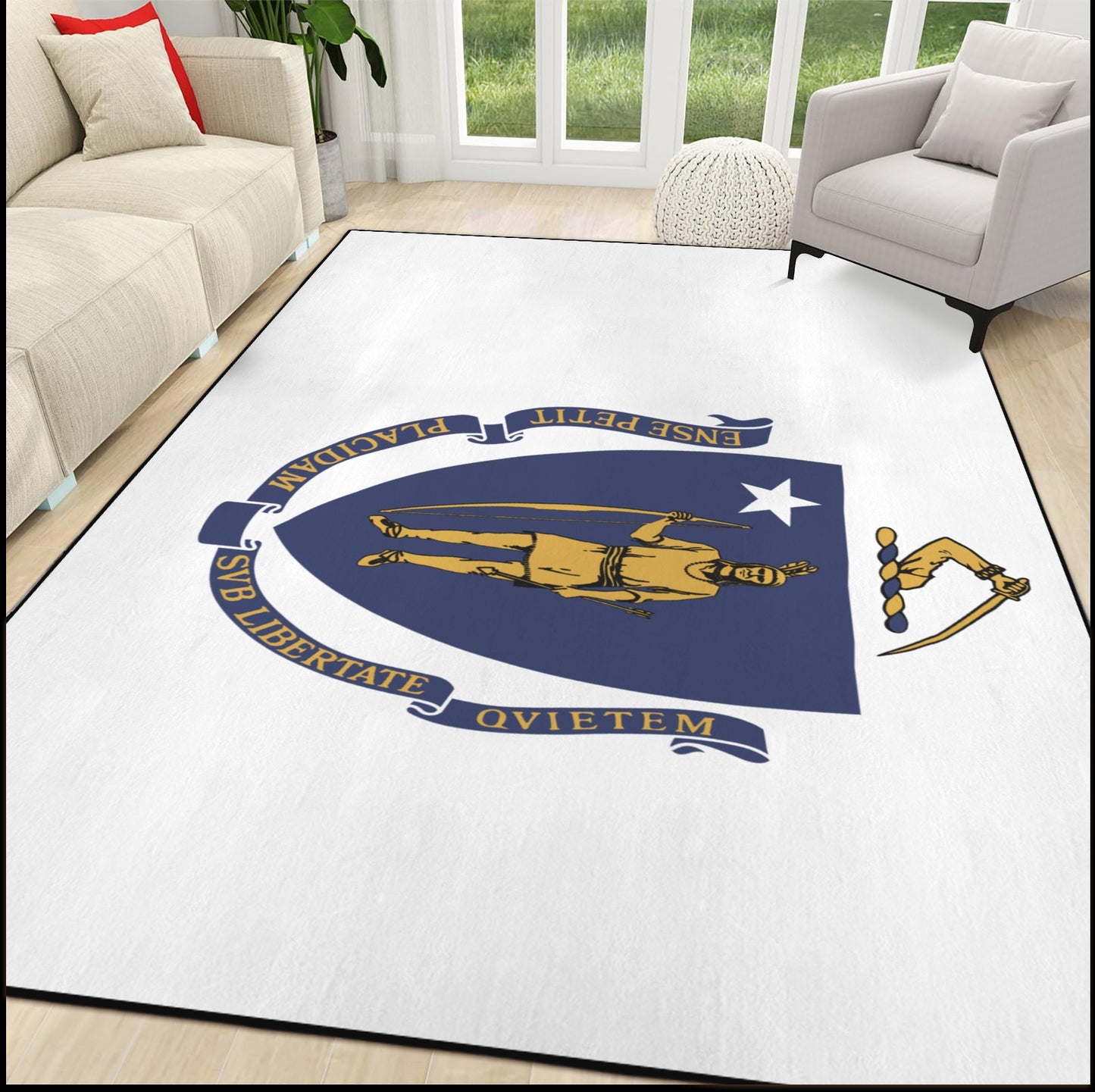 Massachusetts Flag Inspired 84x60 Inch Area Rug with Black Binding (Made in the USA)
