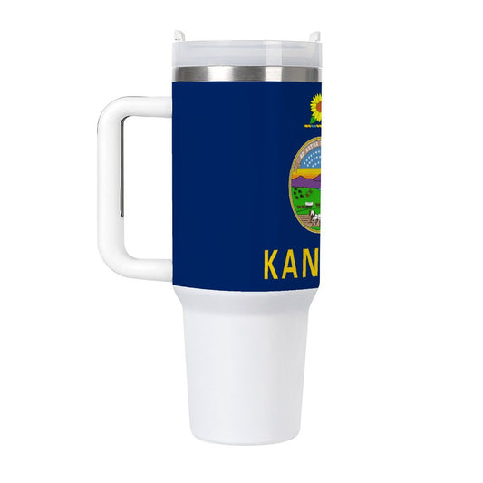 [Brand] Kansas travel mug featuring state flag design.