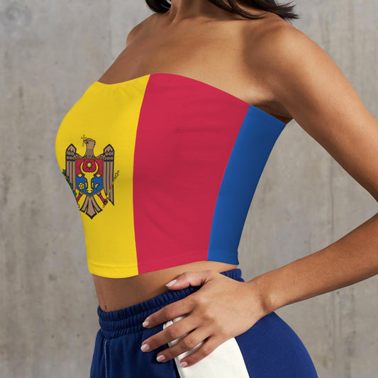 Woman wearing [Brand] Moldova flag tube top and shorts.