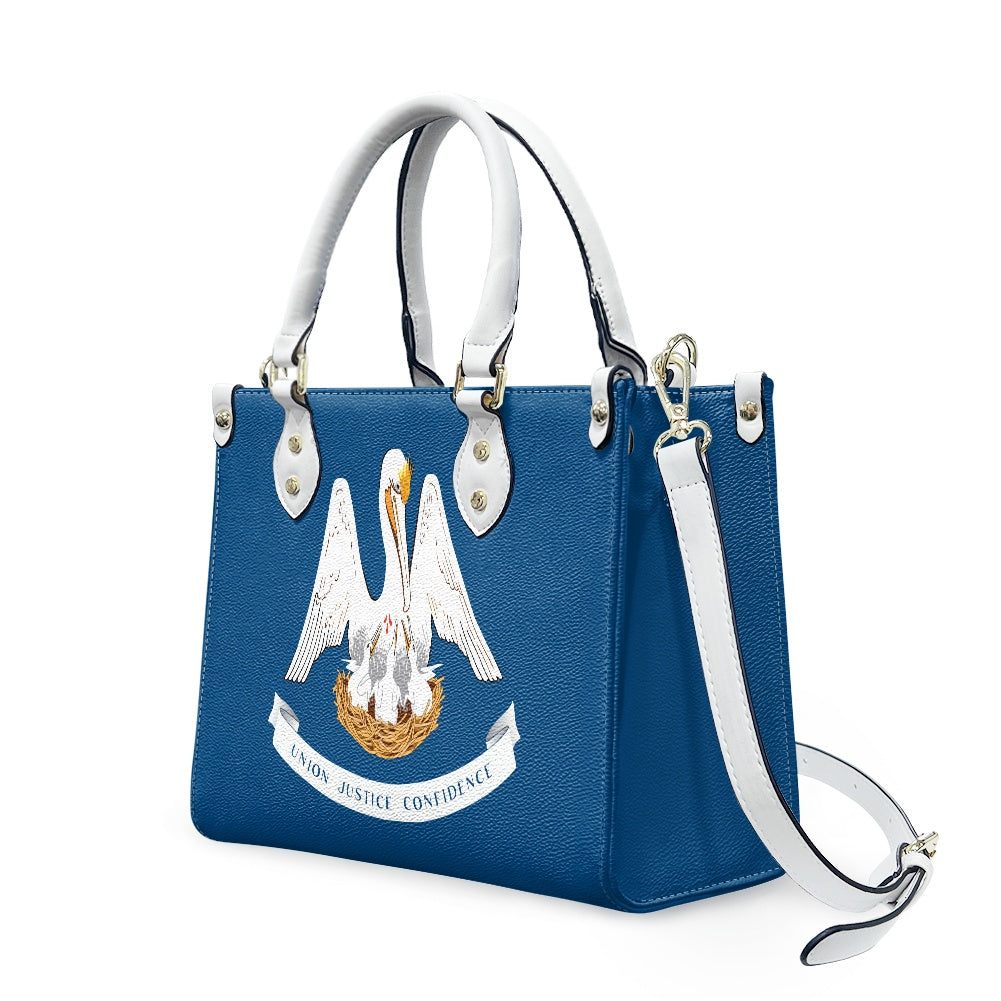 Blue [Brand] handbag featuring white pelican and banner design.