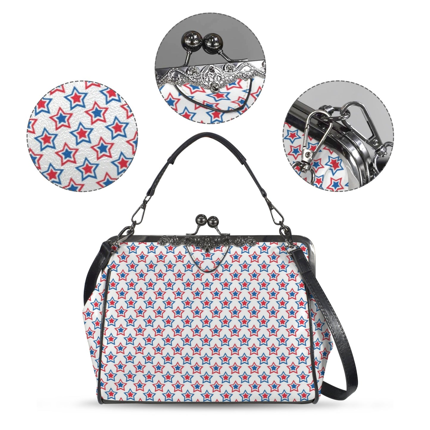 USA/American Flag Inspired Red, White & Blue Stars Pattern Kisslock Crossbody Shoulder Bag