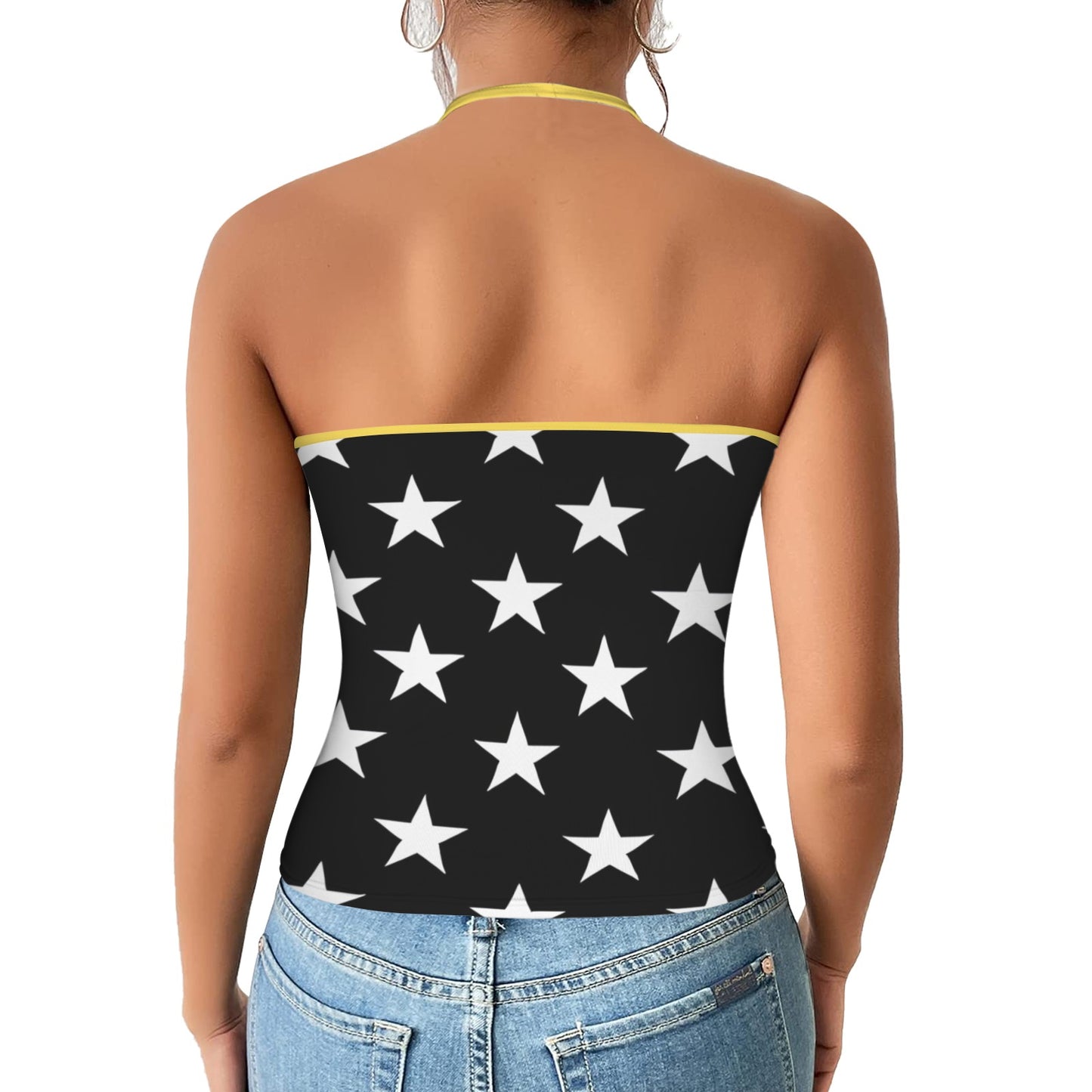Thin Gold Line Flag Inspired V-neck Halter Open Back Tank Top