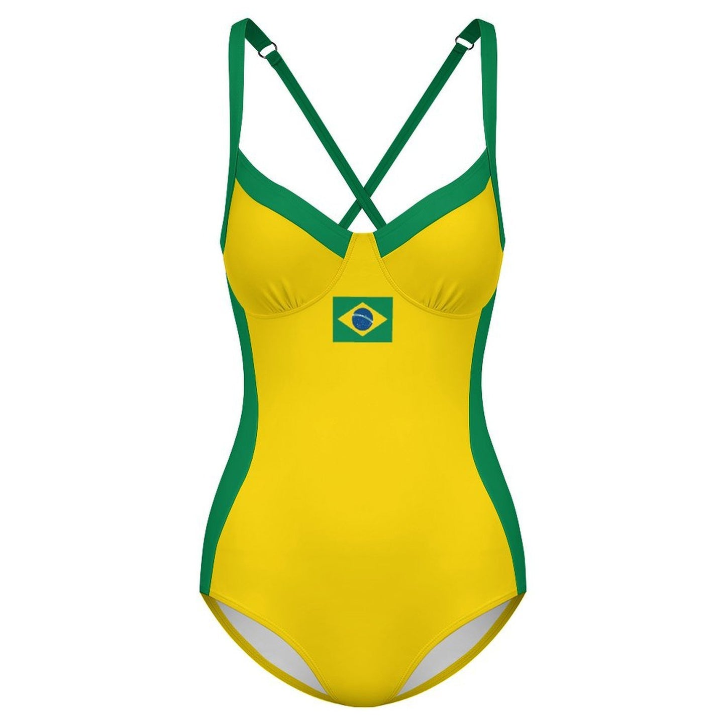 Brazil Flag Inspired Criss Cross Back One Piece Swimsuit