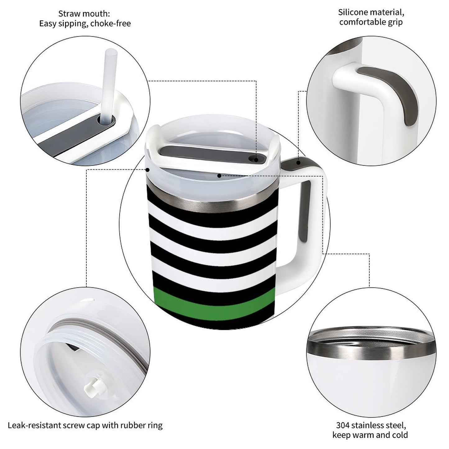 [Brand] thermos with striped design, silicone grip, straw mouth.