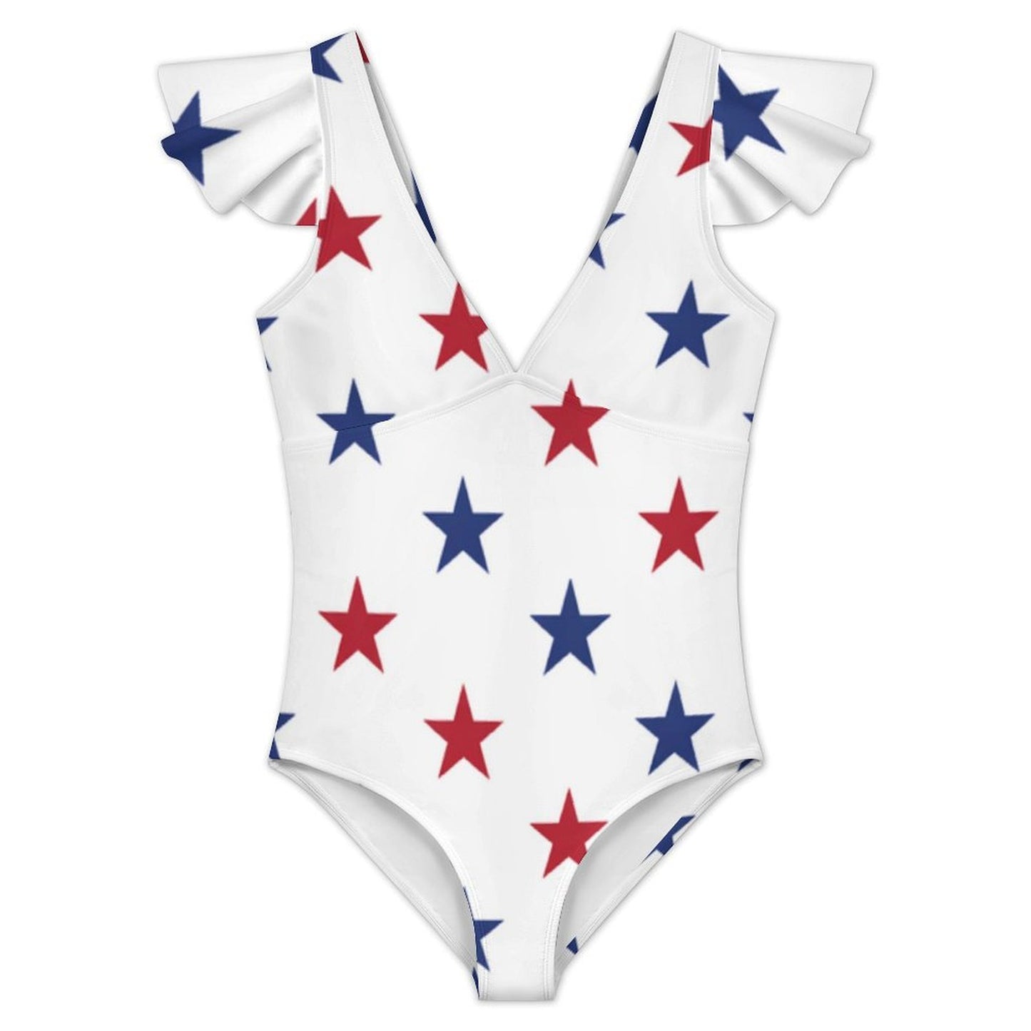 USA/American Flag Inspired Red and Blue Stars Women's V-neck Ruffle Sleeve One Piece Swimsuit