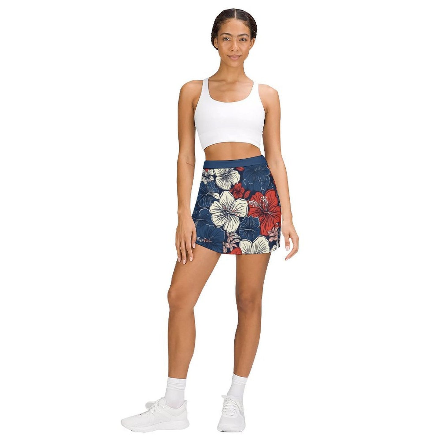 USA/American Flag Inspired Hawaiian Floral Pattern Women’s Skort with Pocket