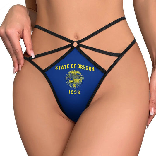 A blue thong with Oregon emblem and black straps. [Brand]