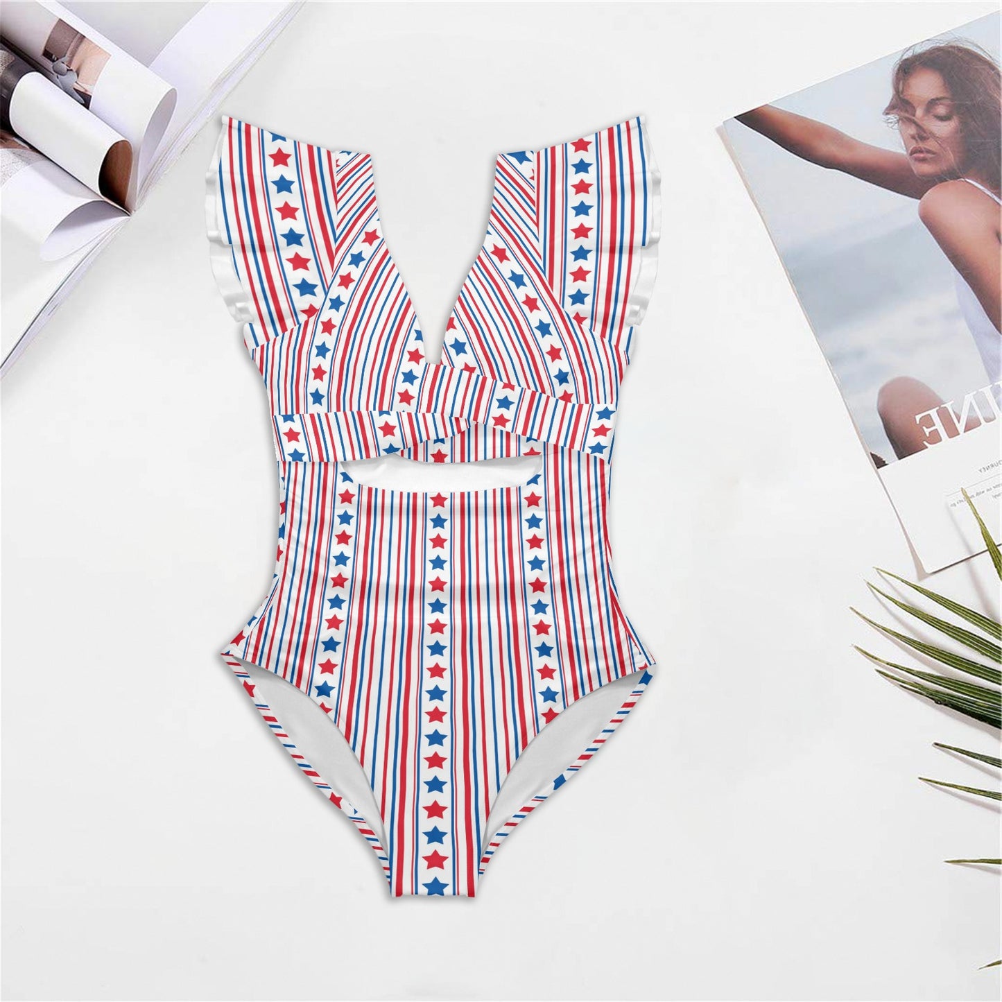 USA/American Flag Inspired Stars & Stripes Pattern Women's Twist Front Ruffle Sleeve Swimsuit