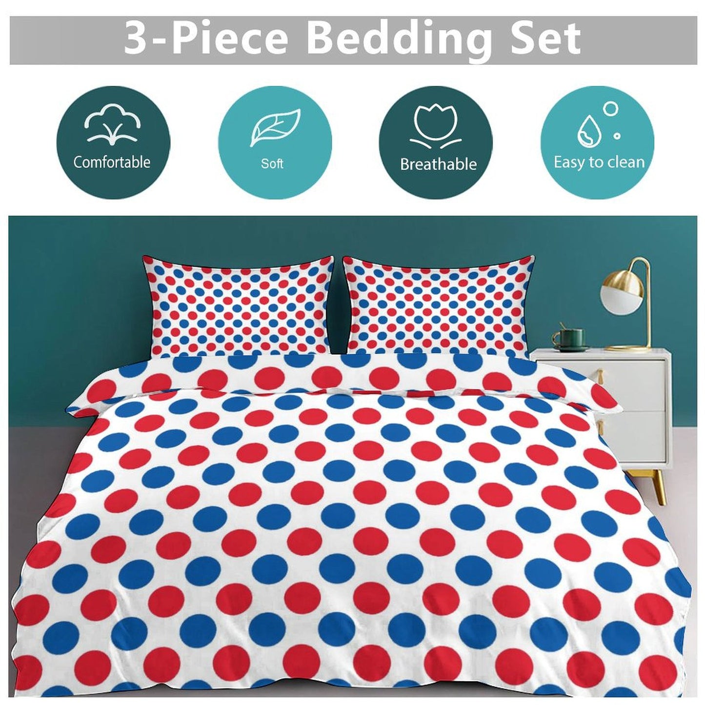 USA/American Flag Inspired Polka Dot Pattern 3-Piece Bedding Set (1 Duvet Cover + 2 Pillow Shams) – 102"×90"