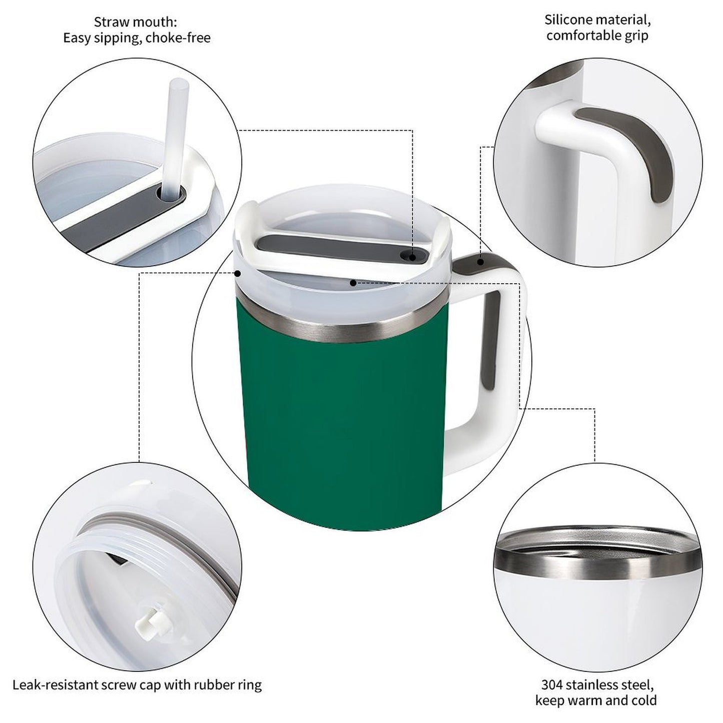 [Brand] green tumbler with straw, silicone handle, stainless steel.