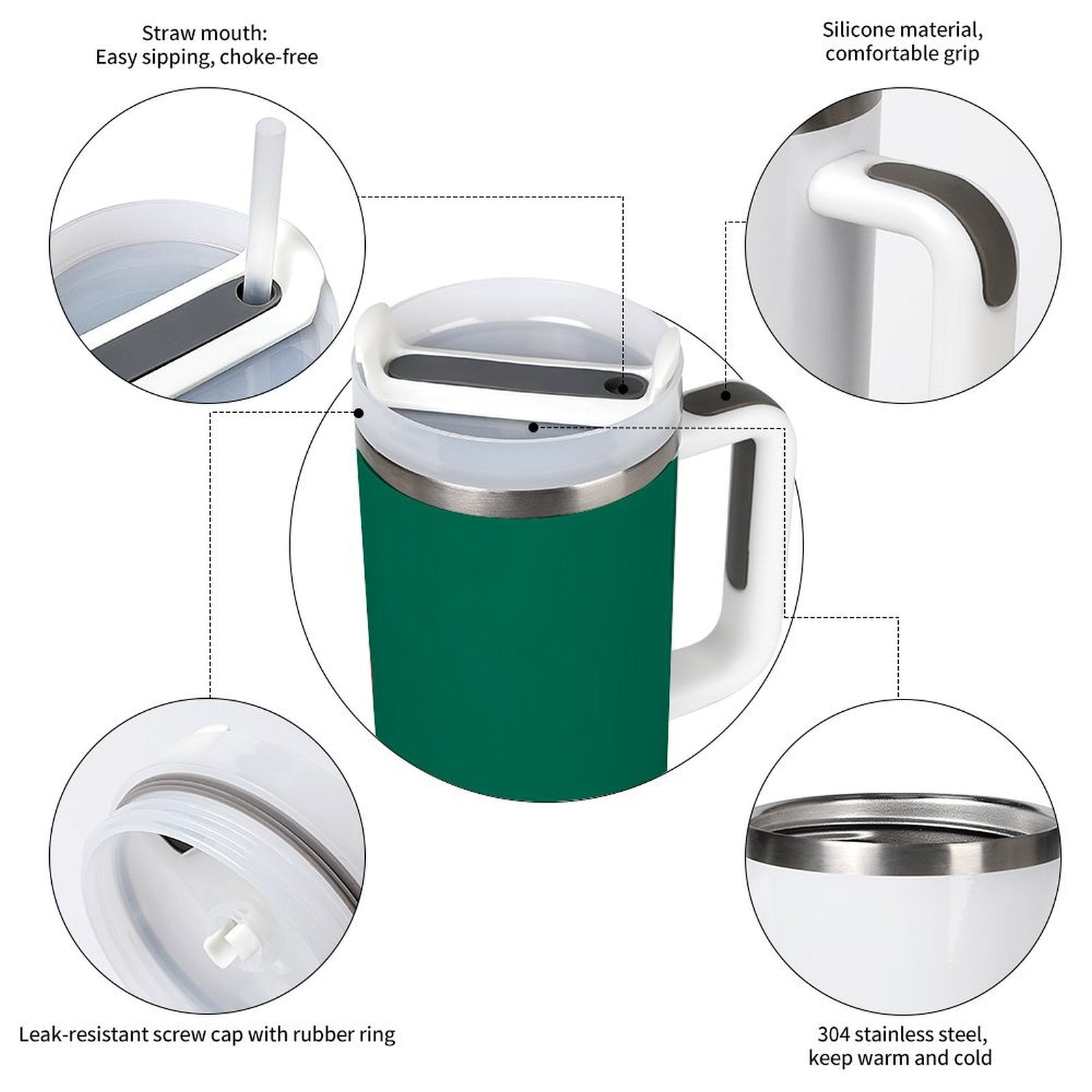 [Brand] green tumbler with straw, silicone handle, stainless steel.