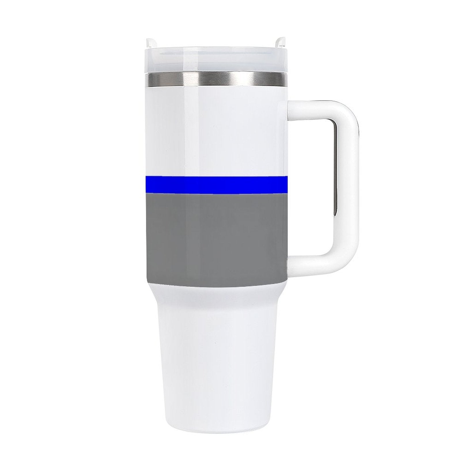 White travel mug, blue and gray stripes, [Brand] design.