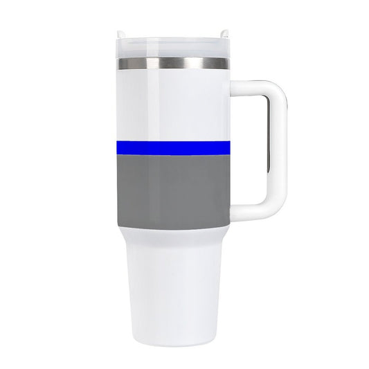 White travel mug, blue and gray stripes, [Brand] design.