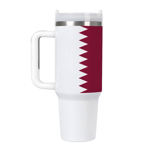 [Brand] white travel mug with burgundy zigzag design.