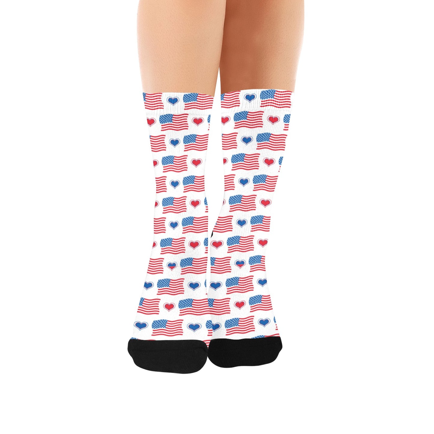 USA/American Flag Inspired Flags and Hearts Pattern Women’s Custom Socks Made in the USA