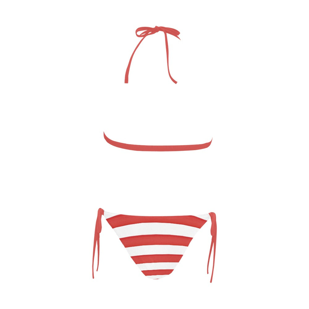Red and white striped bikini by [Brand], front view.