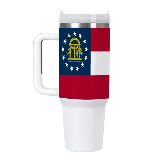 "Brand travel mug with Georgia flag design, white handle."
