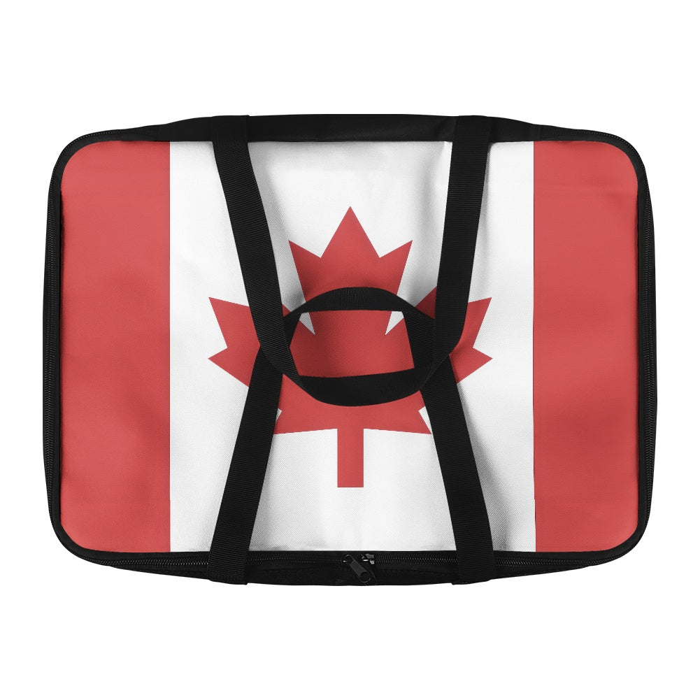 [Brand] laptop bag featuring Canadian flag design, black straps.