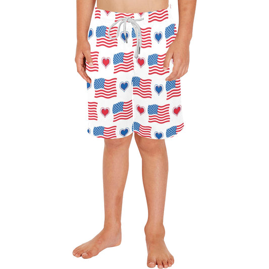USA/American Flag Hearts Pattern Boys Beach Shorts
