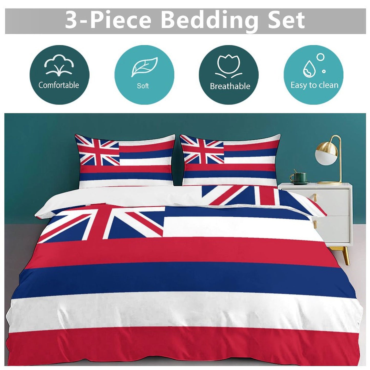 Hawaii Flag Inspired 3-Piece Bedding Set (1 Duvet Cover + 2 Pillow Shams) – 102"×90"