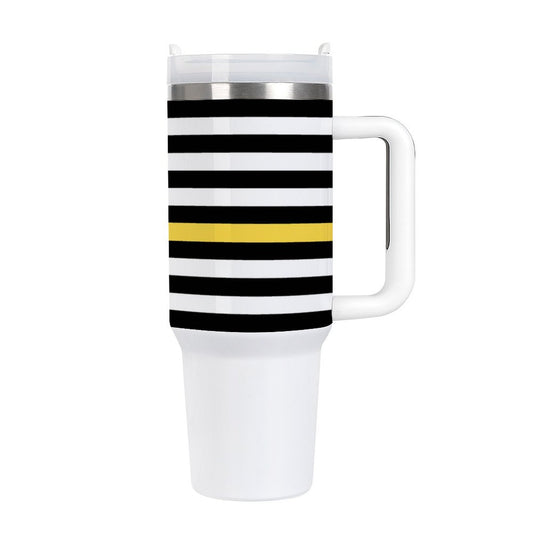 [Brand] tumbler with black, white, yellow horizontal stripes.