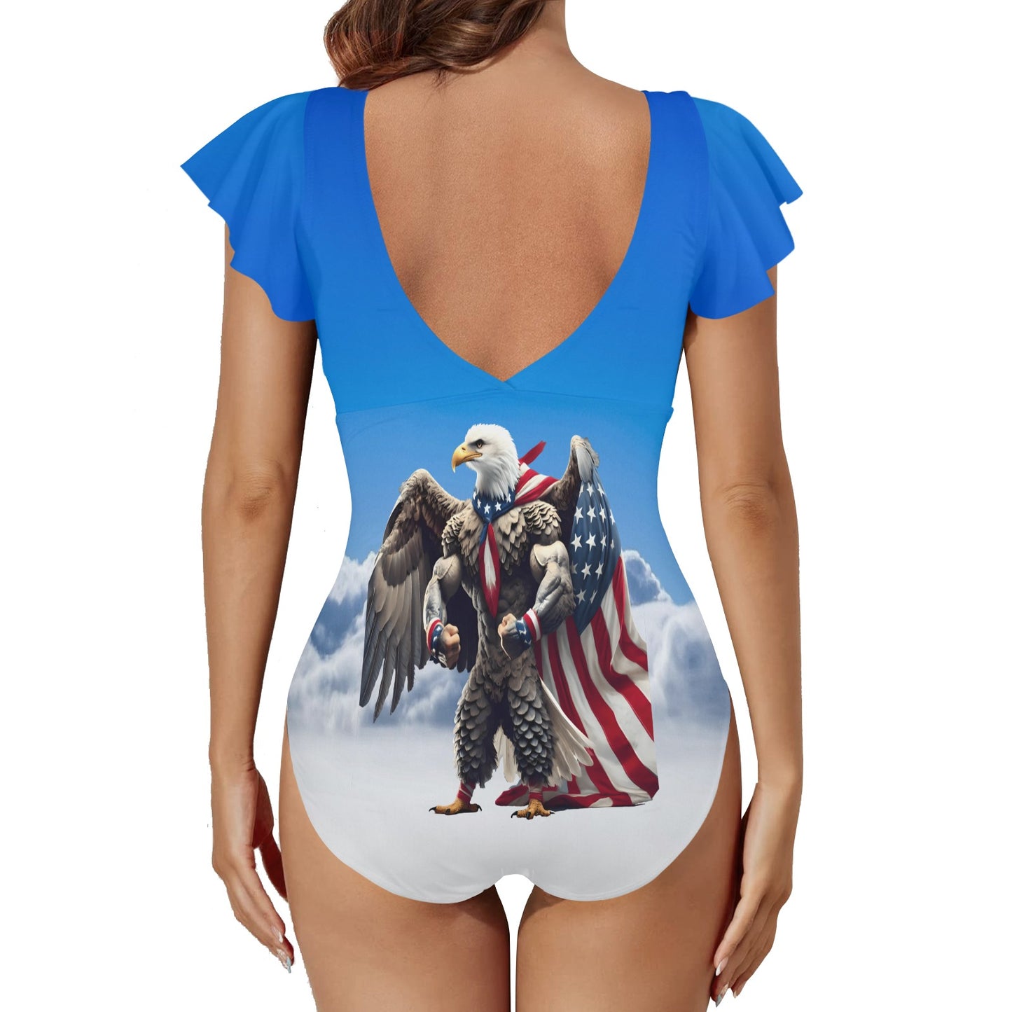 USA/American Flag Inspired Eagle with Cape Women's Twist Front Ruffle Sleeve Swimsuit