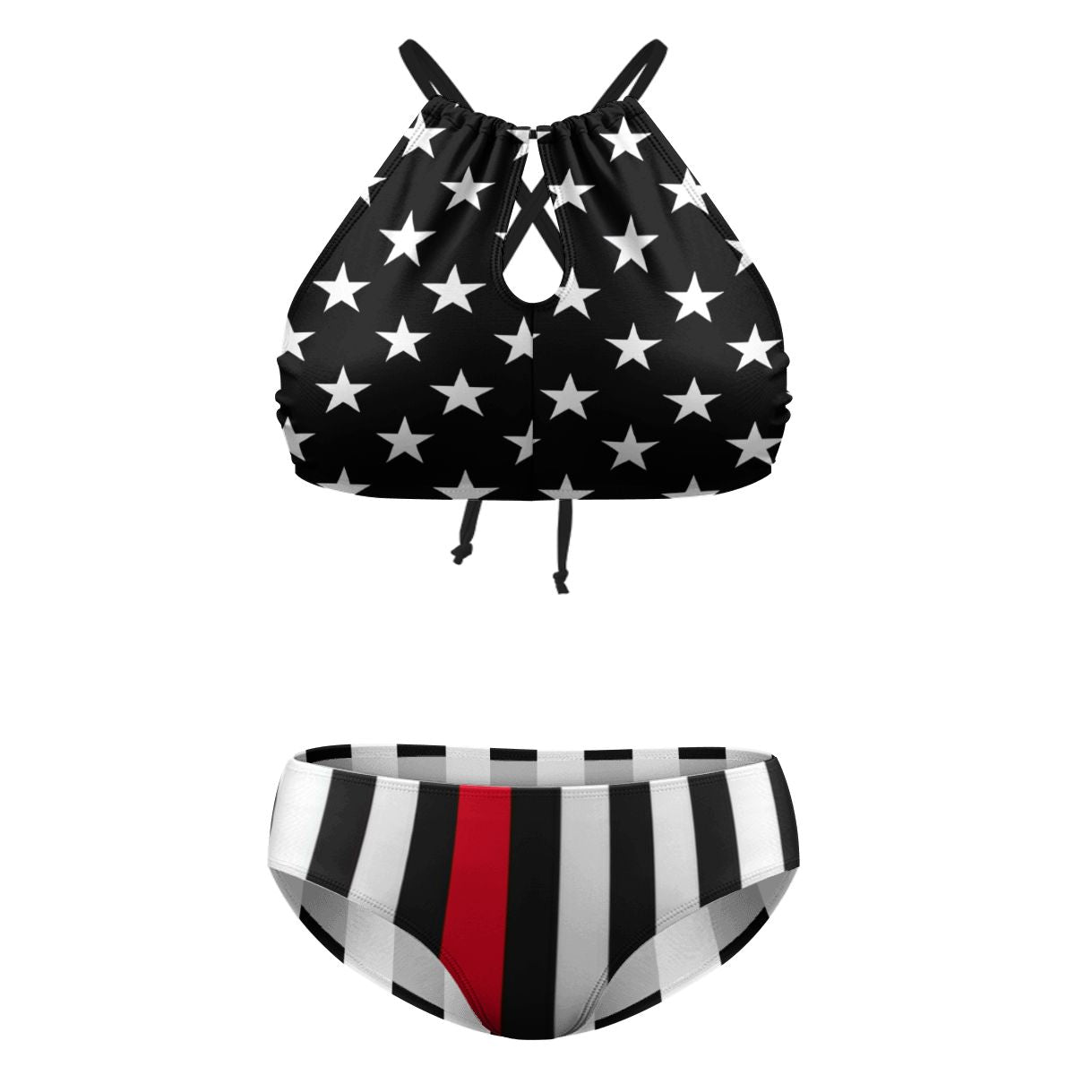 Thin Red Line Flag Inspired Plus Size High Waisted Bikini
