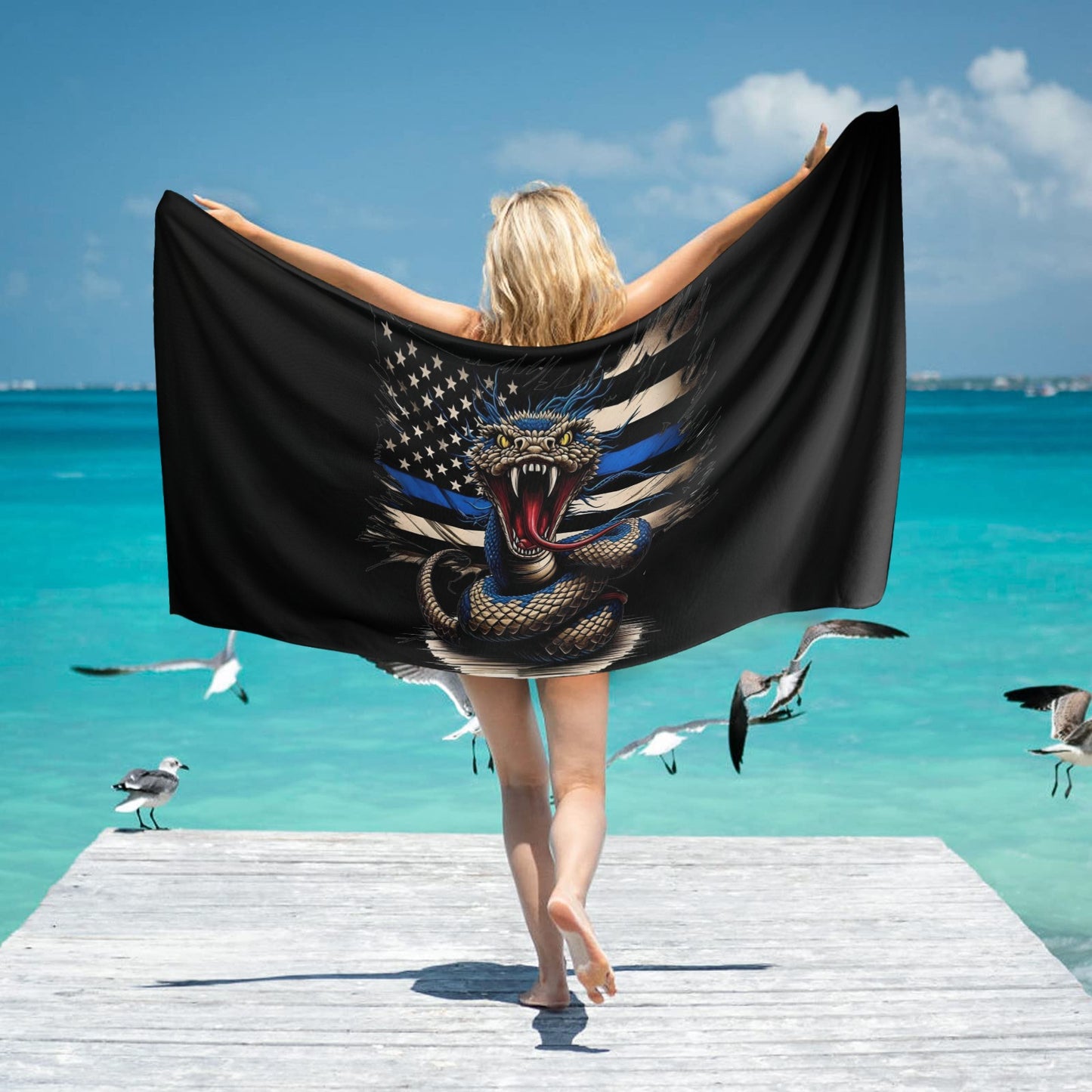 Thin Blue Line Flag Inspired Snake Beach Towel 31"x71 (Made in USA)