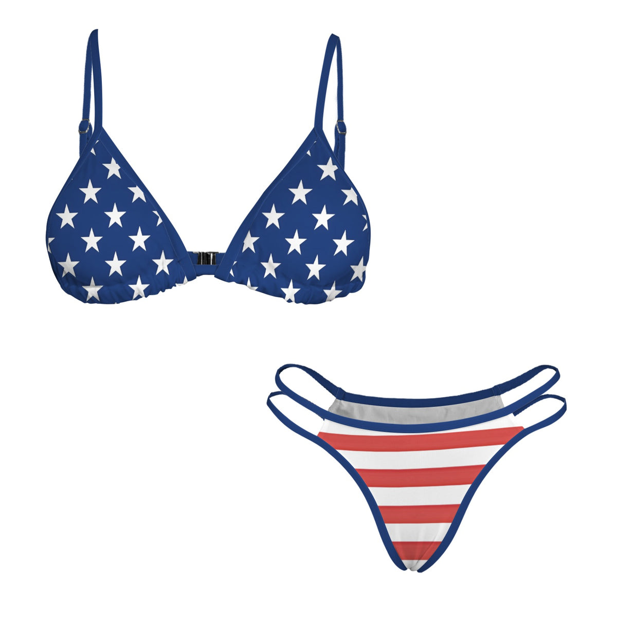 USA/American Flag Inspired Stars Top/Stripes Bottom w/Blue String Double-Strap Triangle Bikini Set