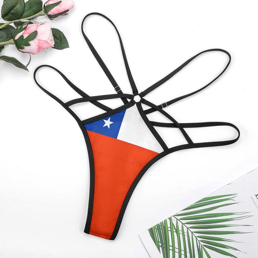 [Brand] bikini bottom with Chilean flag, surrounded by flowers.