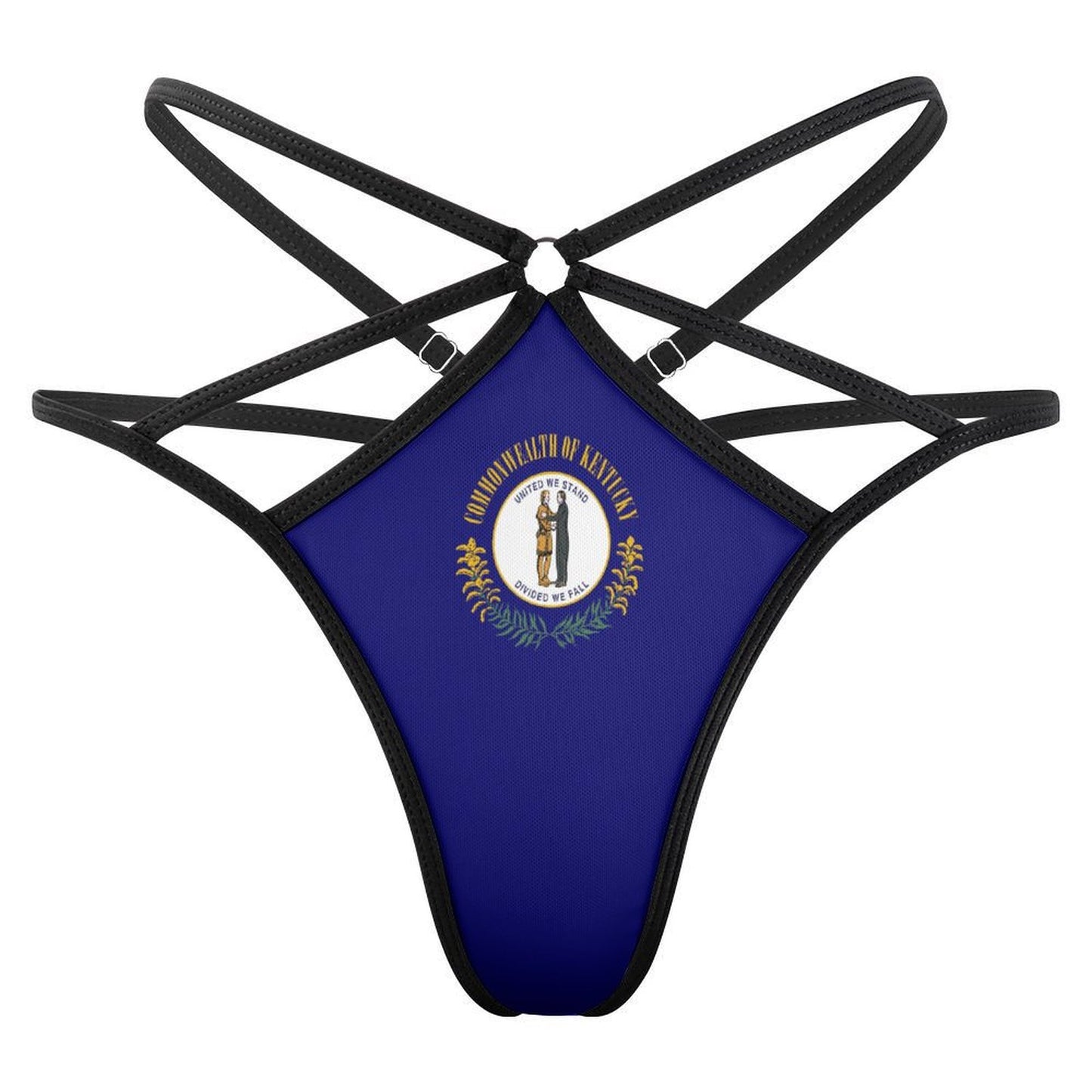 [Brand] bikini with Kentucky flag design and black straps.
