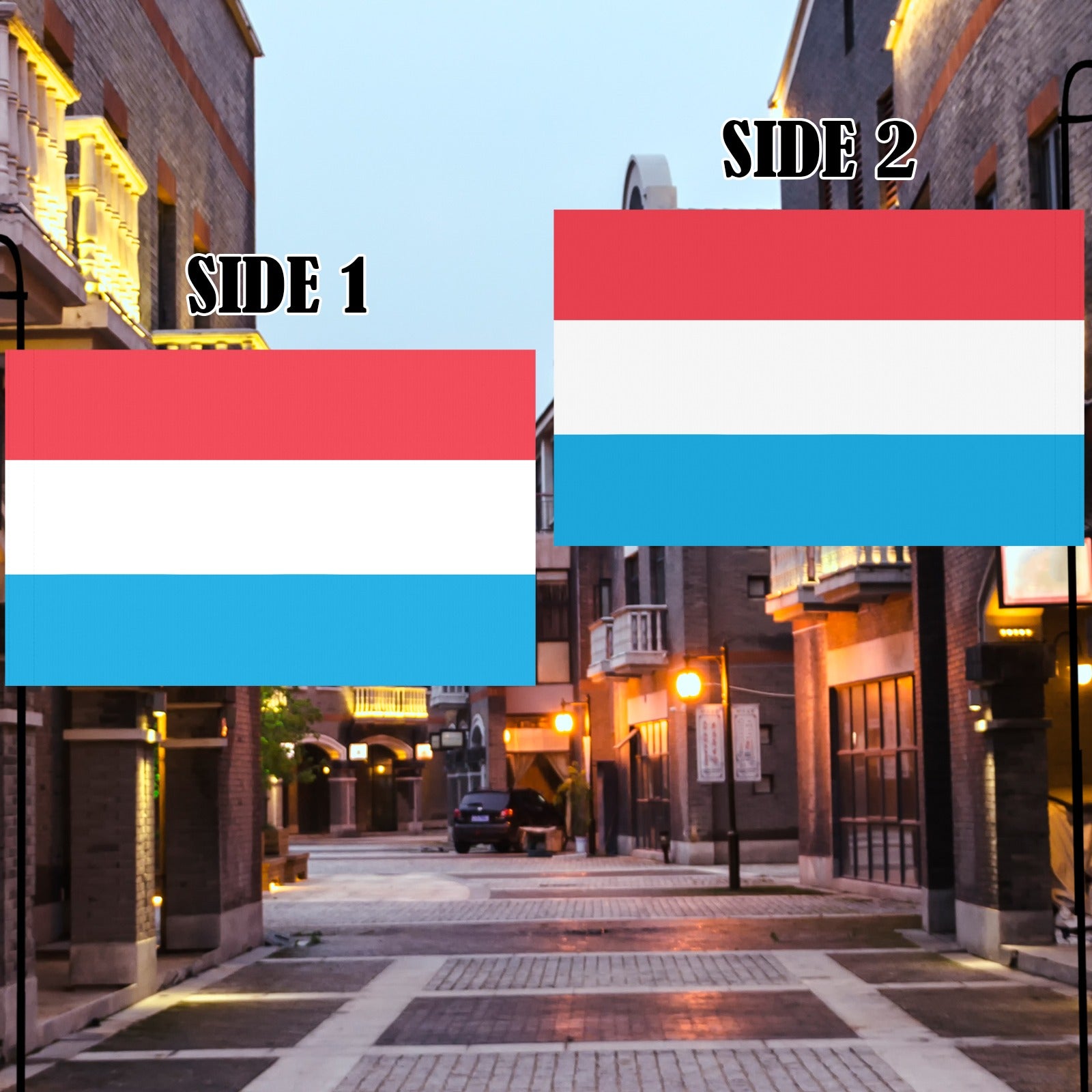 [Luv My Flag] flags displayed on quiet city street.