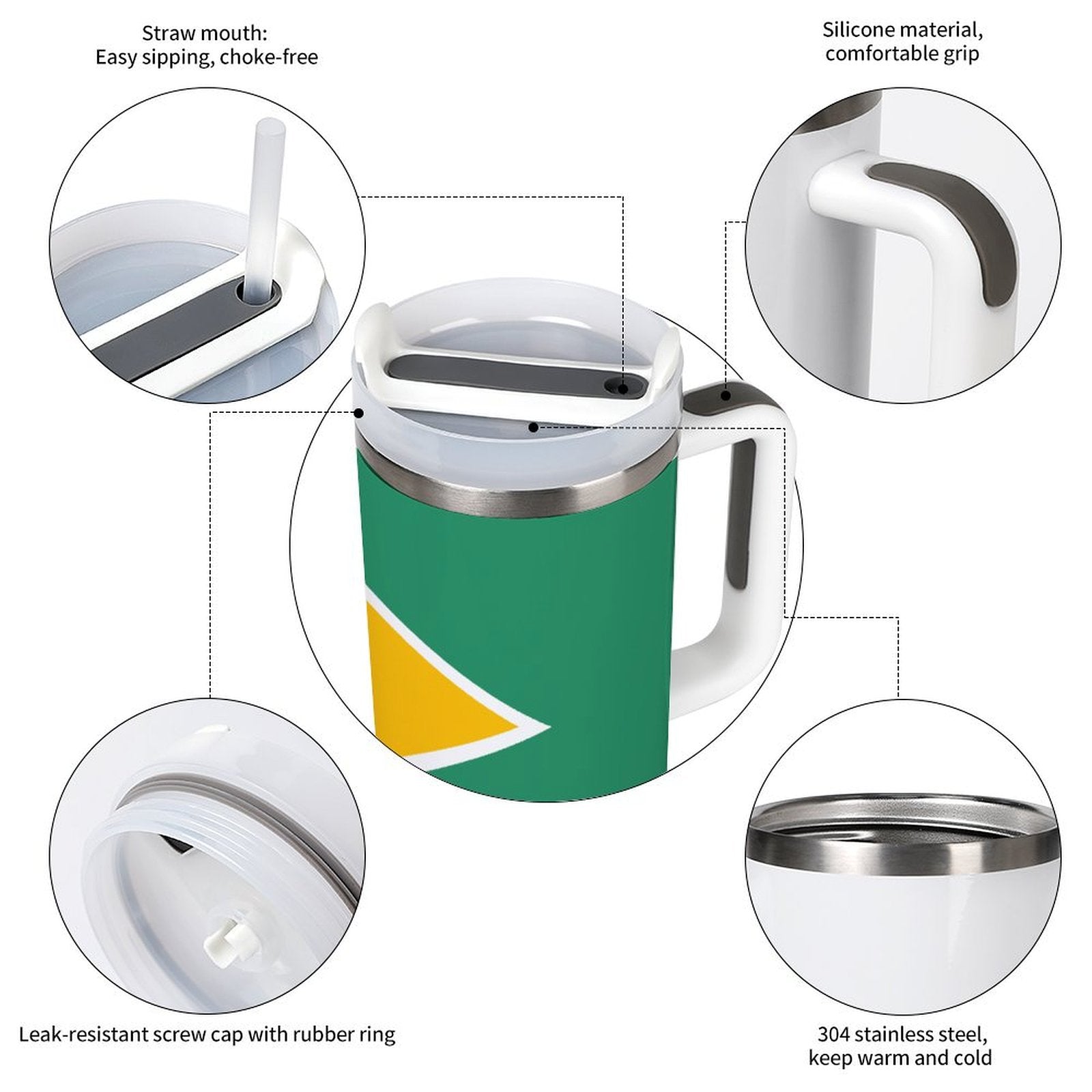 [Brand] insulated mug with straw, silicone grip, and steel.