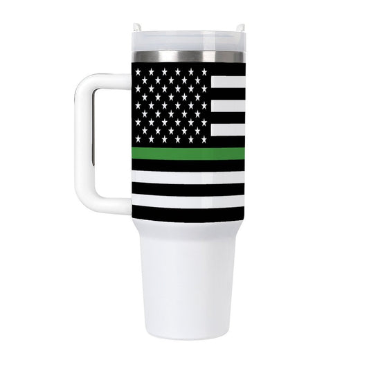 White travel mug with American flag, green stripe; [Brand].
