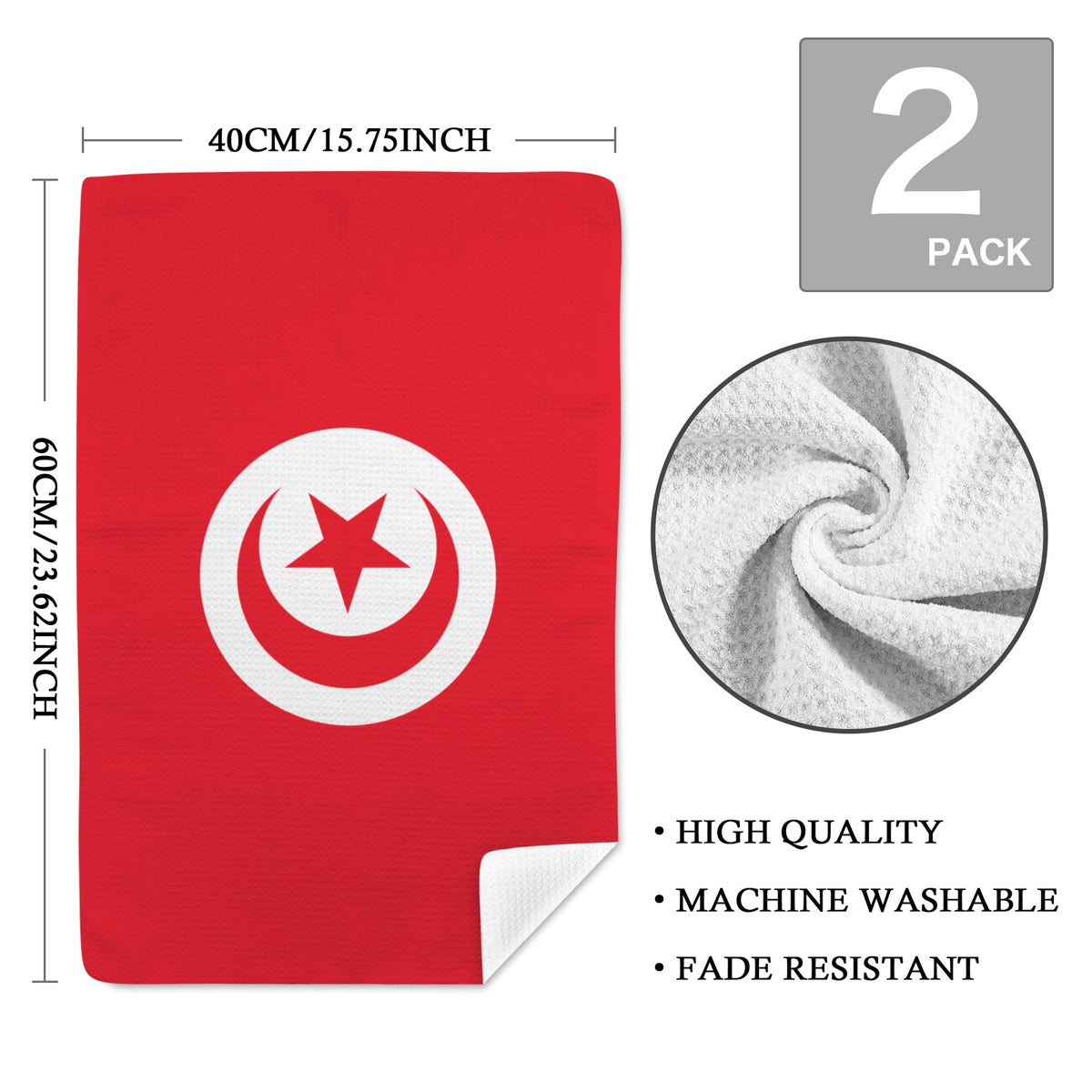Tunisia Flag Kitchen Towel 40X60cm (Pack of 2) | Printed In the USA