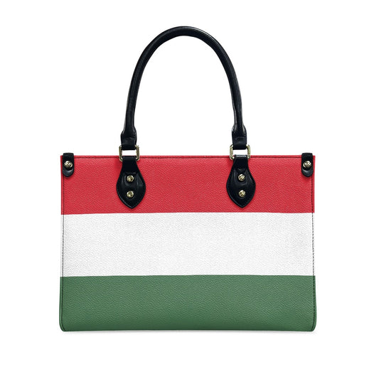 [Brand] handbag with striped red, white, green pattern, handles.