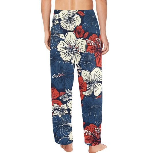 USA/American Flag Inspired Hawaiian Floral Pattern Men’s Pajama Trousers with Pockets (Made in the USA)