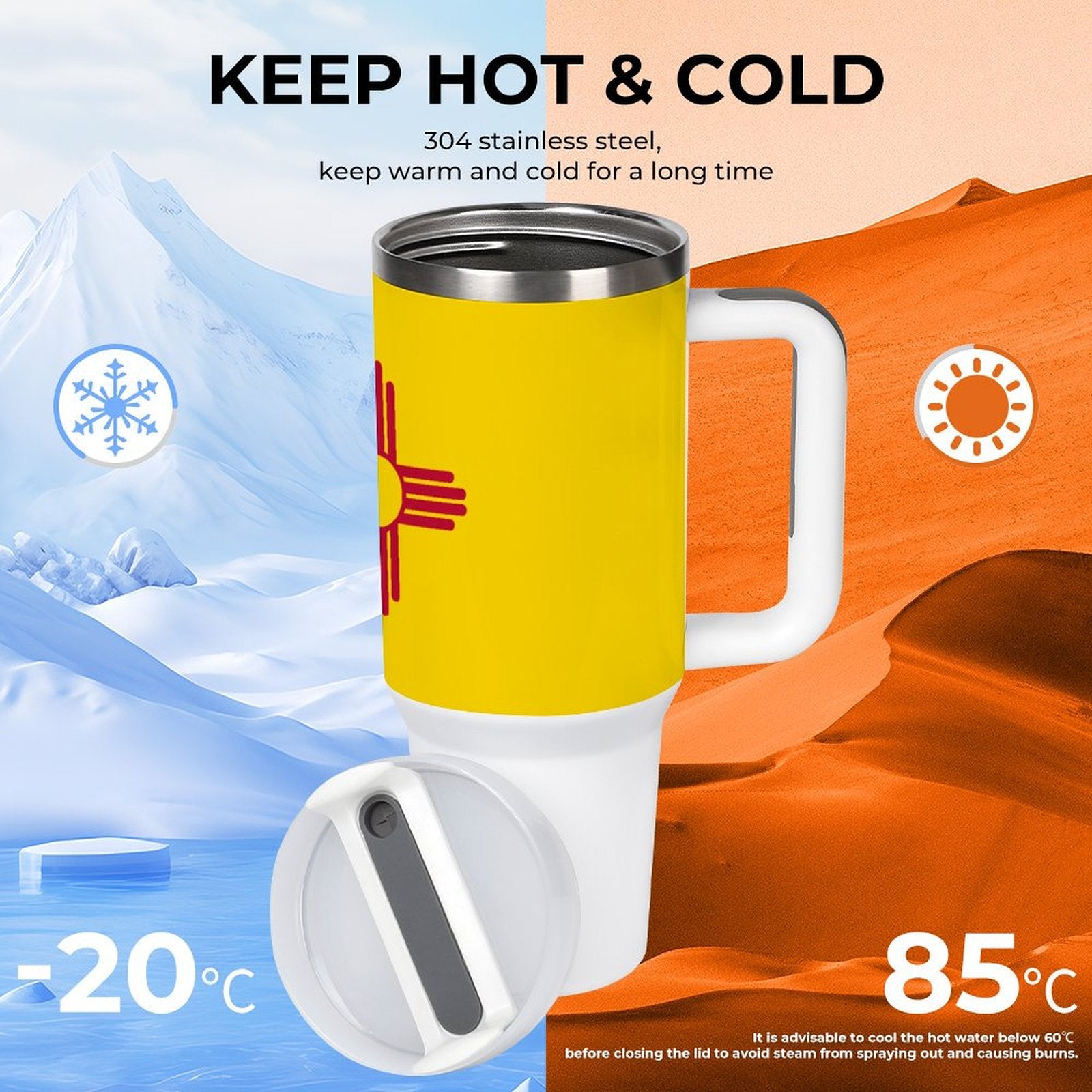 [Brand] insulated mug keeps drinks hot or cold effectively.
