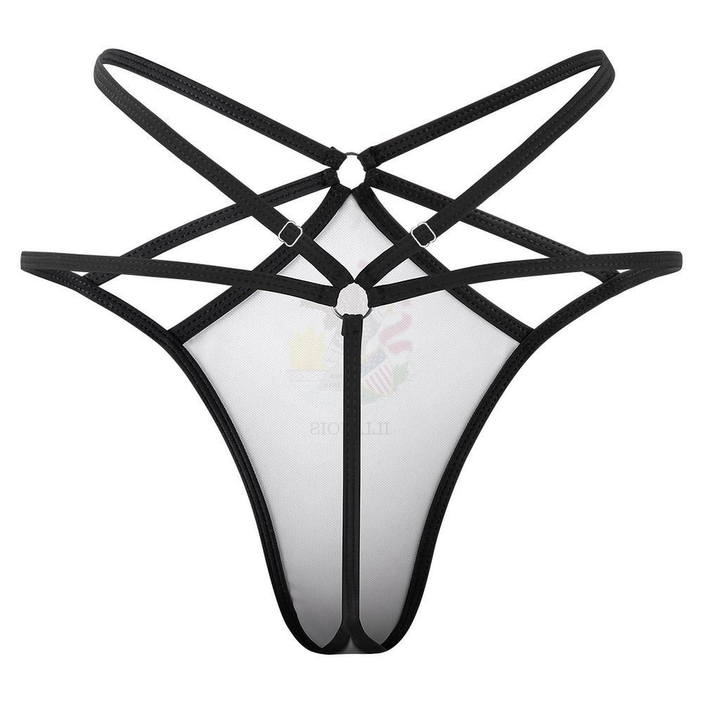 Black strappy lingerie thong with geometric design, [Brand] style.