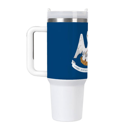 [Brand] travel mug featuring Louisiana flag with pelican design.