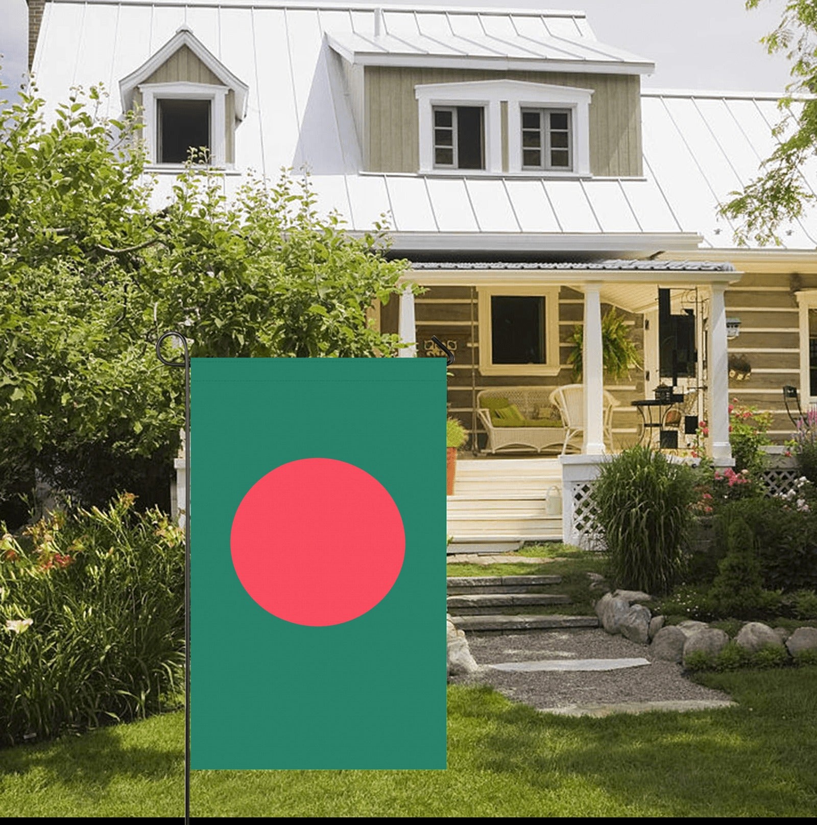 Front yard displaying Luv My Flag Bangladesh garden flag.