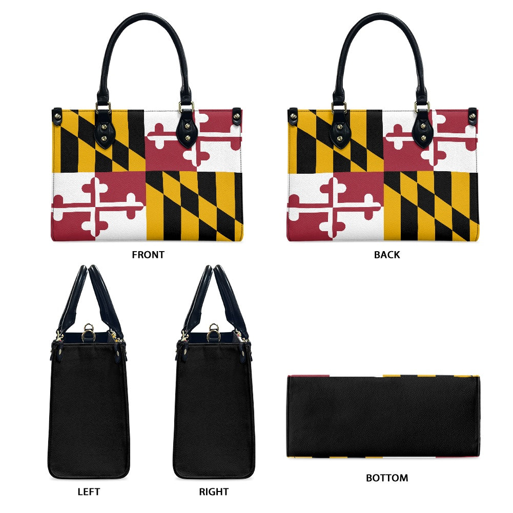 [Brand] handbag featuring Maryland flag design, front and sides.