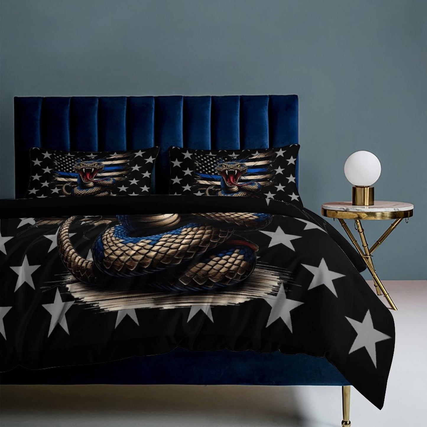 Thin Blue Line Flag Inspired Snake 3-Piece Bedding Set (1 Duvet Cover + 2 Pillow Shams) – 102"×90"