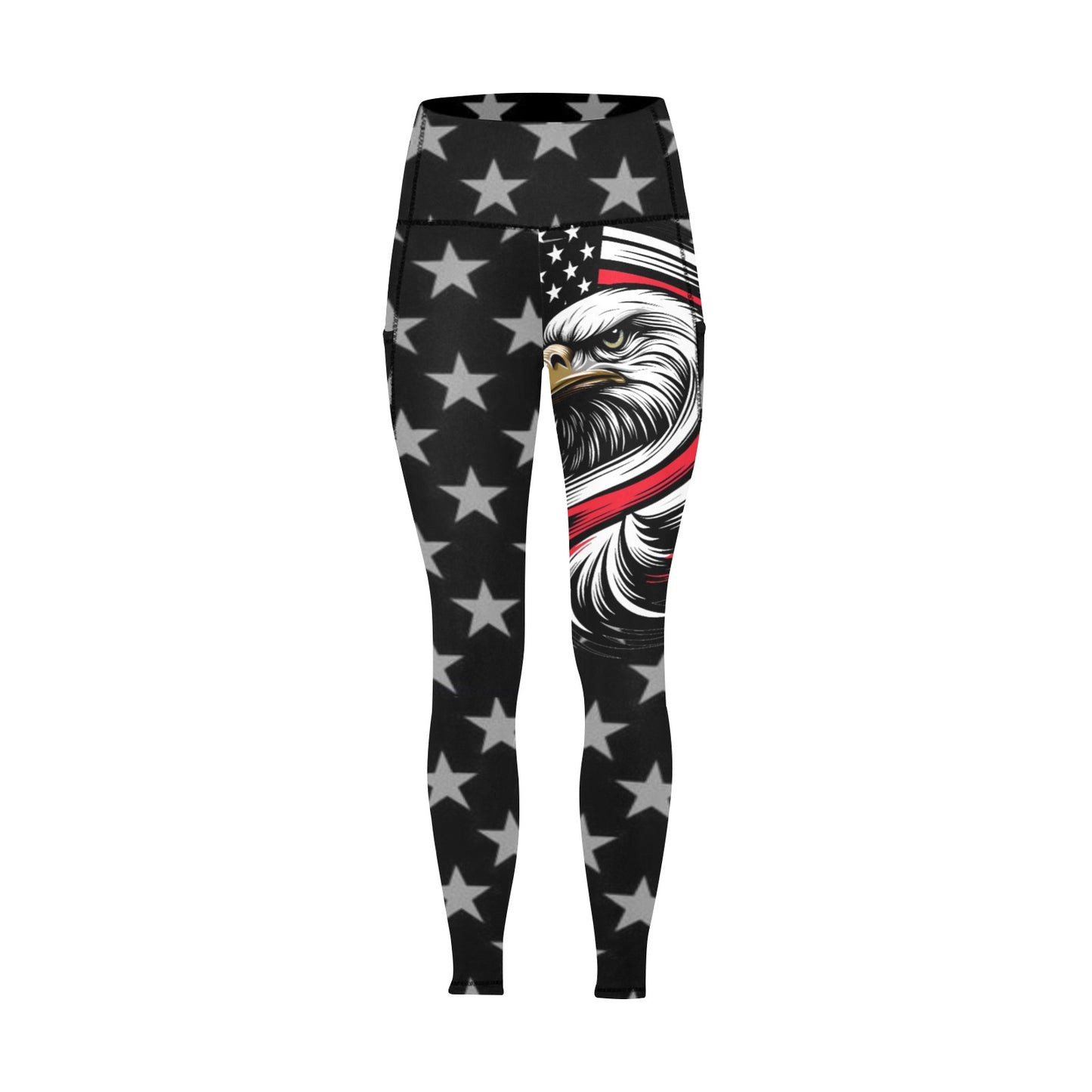 Thin Red Line Flag Inspired Eagle Women's High Waist Leggings with Pockets