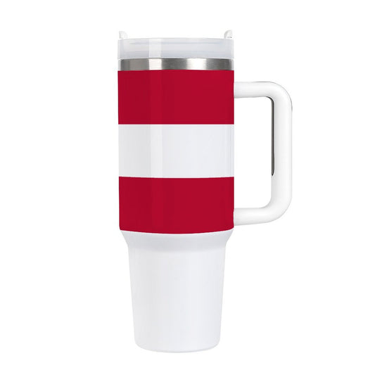 [Brand] insulated travel mug with red and white stripes.