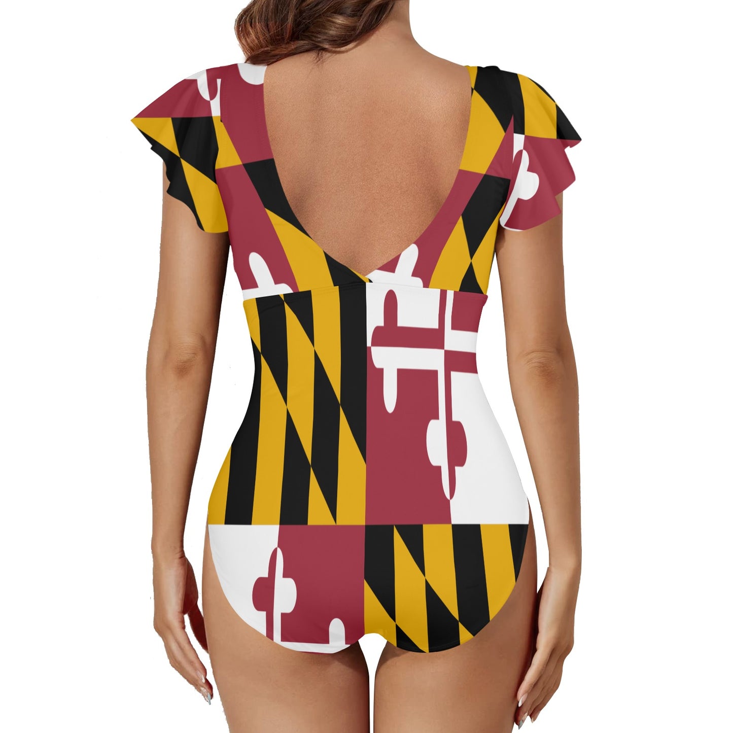Maryland Flag Inspired Women's Twist Front Ruffle Sleeve Swimsuit