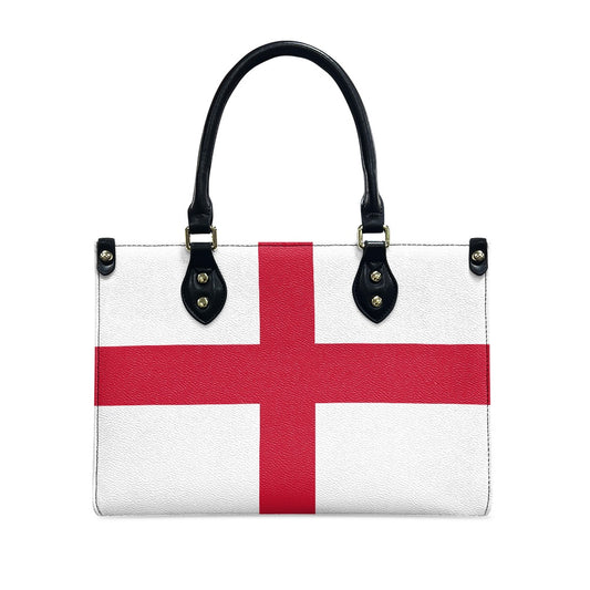 [Brand] handbag with England flag design, featuring black handles.