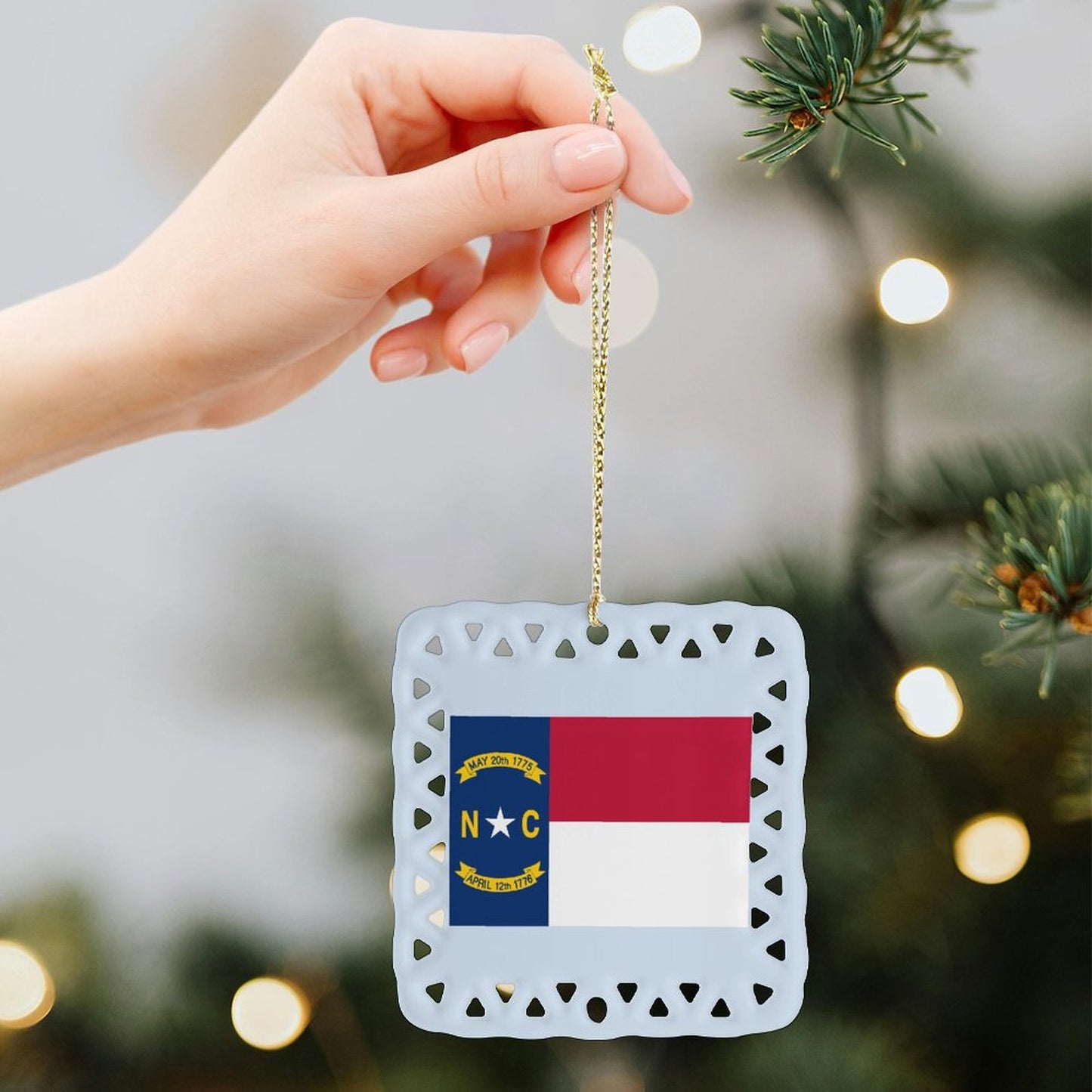 North Carolina Flag Inspired Square Ceramic Ornament Made in the USA