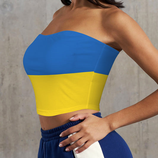 Blue and yellow strapless top by [Brand], sporty look.